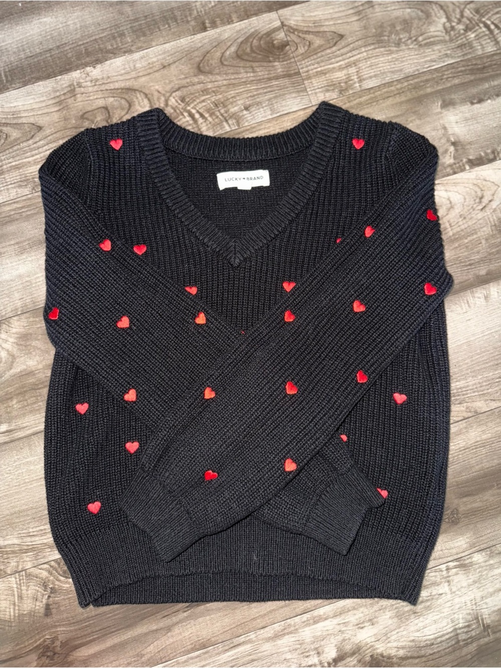 Lucky Brand Black and Red Heart Knitted Sweater